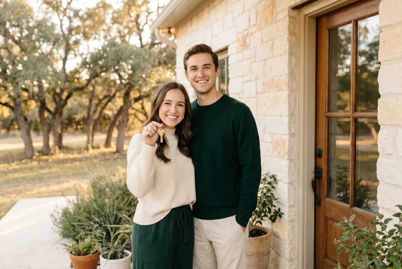 A couple holding the keys to their new Texas Hill Country home