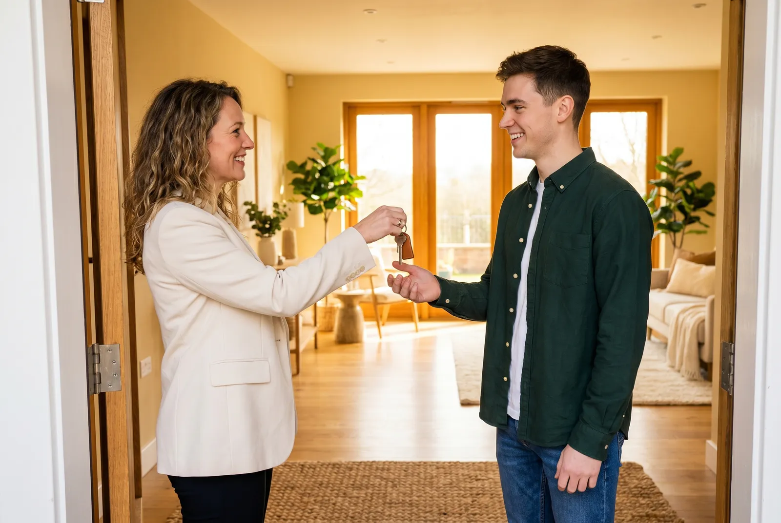 An agent handing keys to a renter in a bright, welcoming home