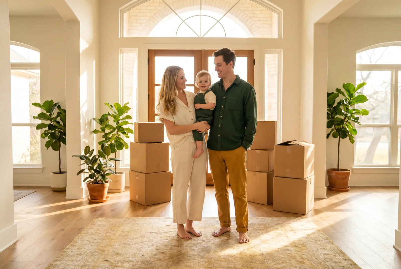 A family with moving boxes settling into their new Austin home