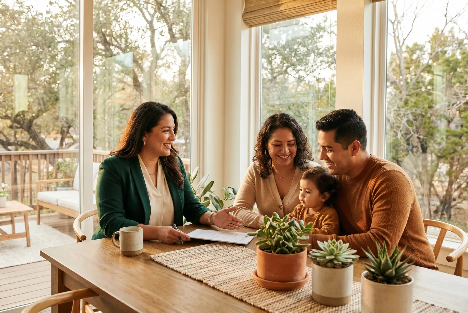 A bilingual agent reviewing documents with a Hispanic family