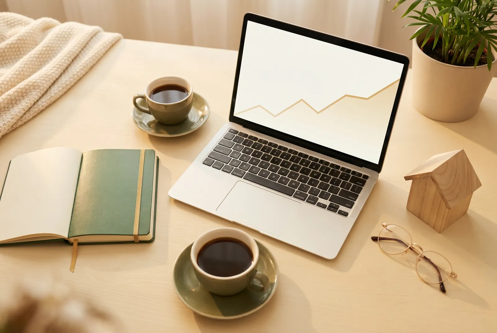 A desk flat-lay with a laptop showing a rising market chart